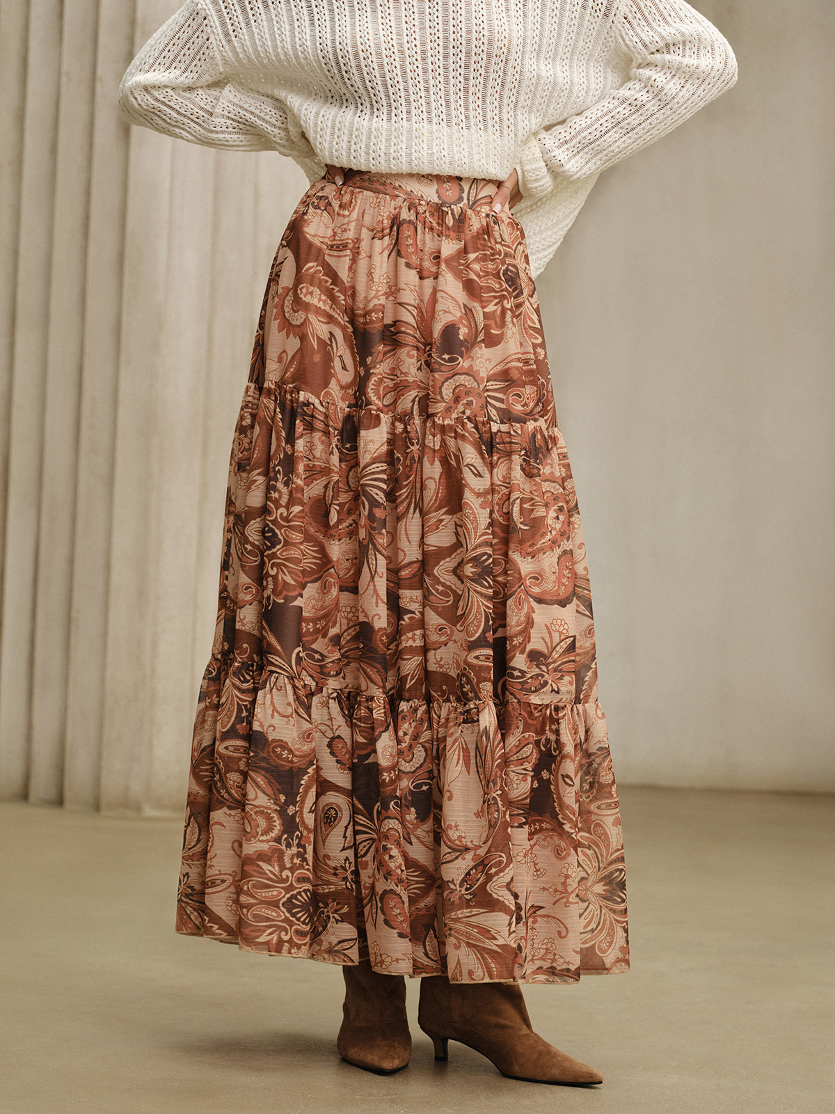 Semi-Sheer Boho Print Chiffon Maxi Skirt