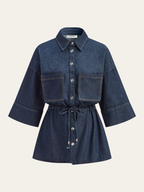 Long Denim Shirt with Drawstring Waist