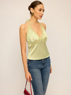 Semi-Sheer Lace Trim Halter Neck Satin Top