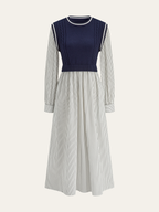 2 in 1 Cable-Knit Paneled Striped Midi Dress