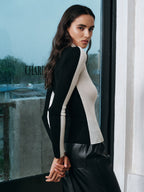 Color-Block Wool Blend Turtleneck Knit Top