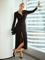 Contrast Flared Cuff Metal Button Shirt Dress