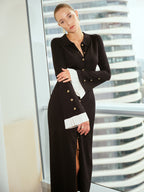 Contrast Flared Cuff Metal Button Shirt Dress