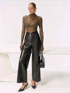 Wool Blend Fitted Sheer Turtleneck Knit Top