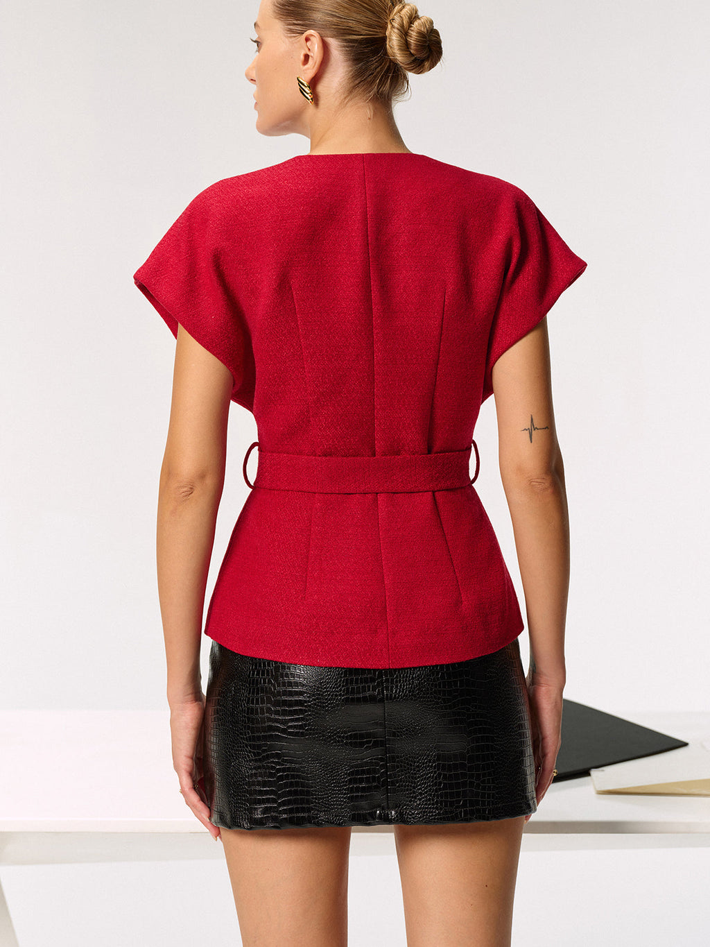 Tweed Belted Cap Sleeve Vest
