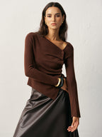 Wool Blend Asymmetric Ruched Side-Button Cardigan