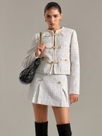 Metal Button Pleated Tweed Mini Skirt