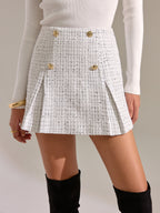 Metal Button Pleated Tweed Mini Skirt