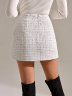 Metal Button Pleated Tweed Mini Skirt