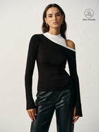 Color Block Asymmetric Cut-Out Long Sleeve T-Shirt