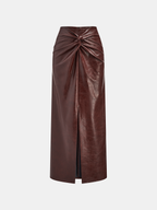 Knot Detail Slit Faux Leather Midi Skirt