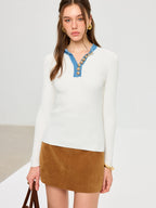 Wool Blend Denim Trim Metal Detail Knit Top