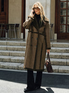 Double-Breasted Fleece Lined Faux Leather Longline Coat