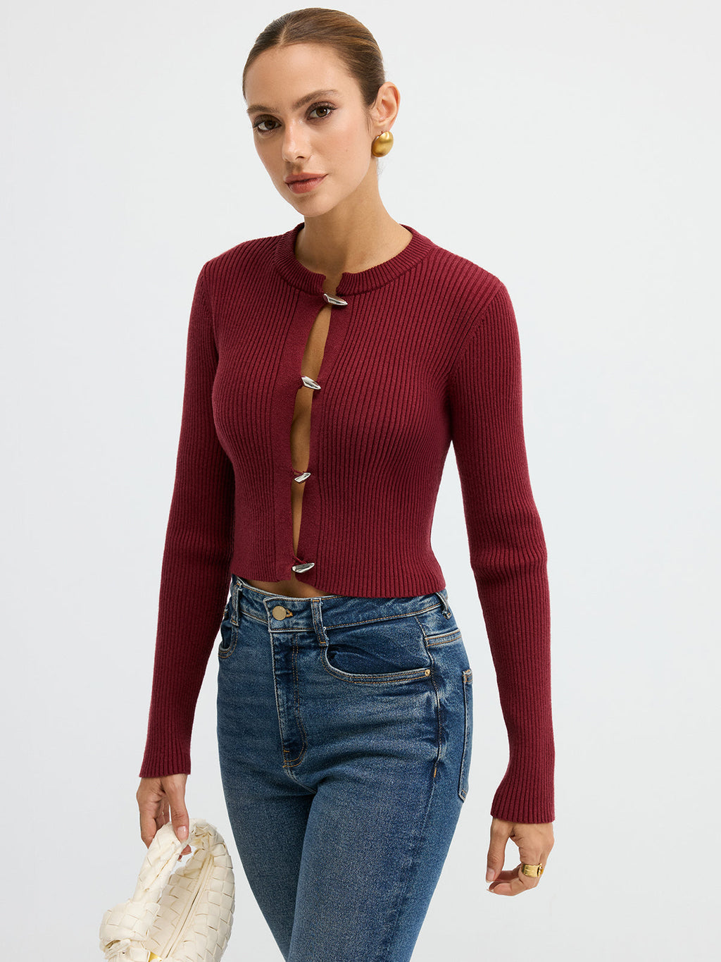 Metal Button Ribbed Fitted Sweater
