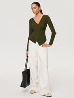 Cross-Over V-Neck Fitted Ribbed Knit Top