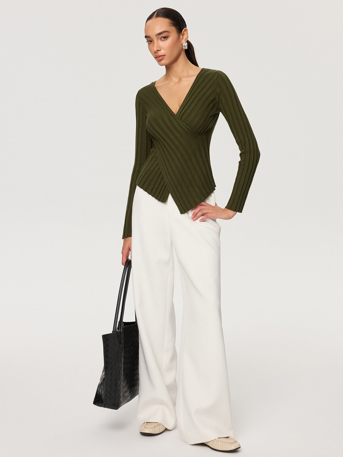 Cross-Over V-Neck Fitted Ribbed Knit Top