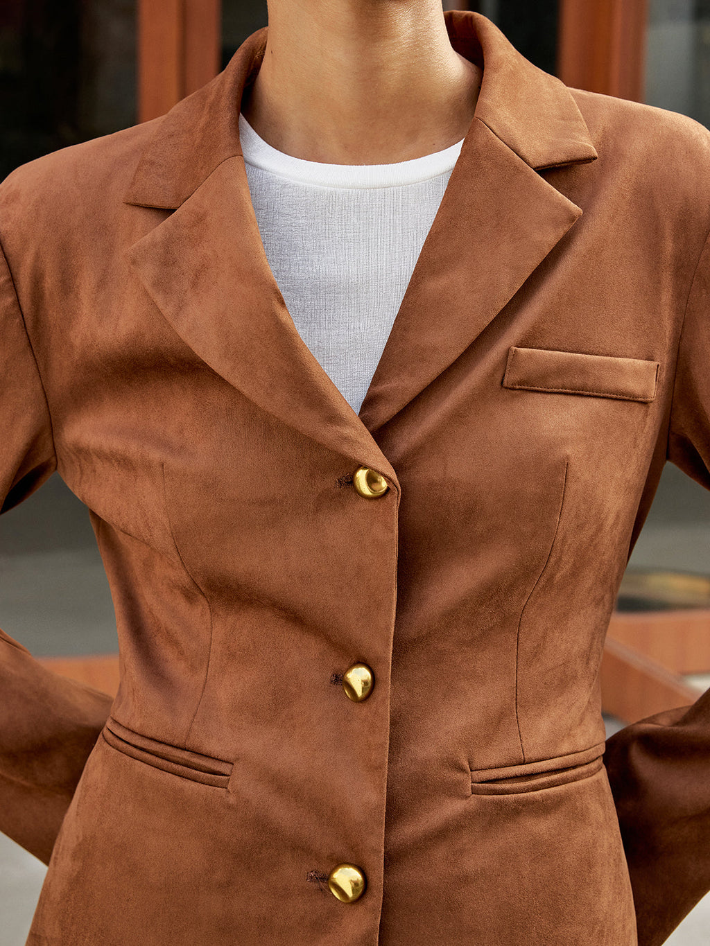 Metal Button Suede Effect Blazer