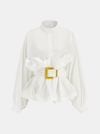 Stand Collar Belted Ruffled Shirt
