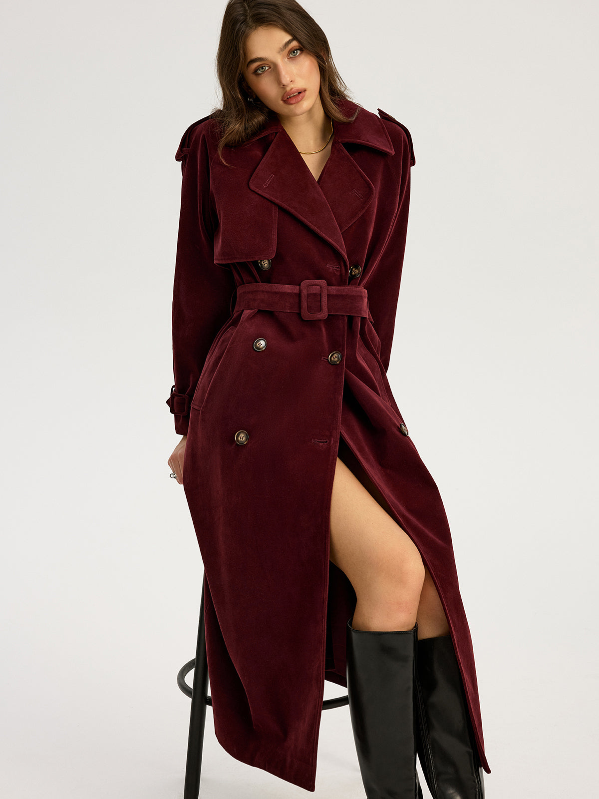 Belted Double-Breasted Suede Effect Long Trench Coat