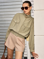 Belted Collar Cotton Blend Cropped Jacket
