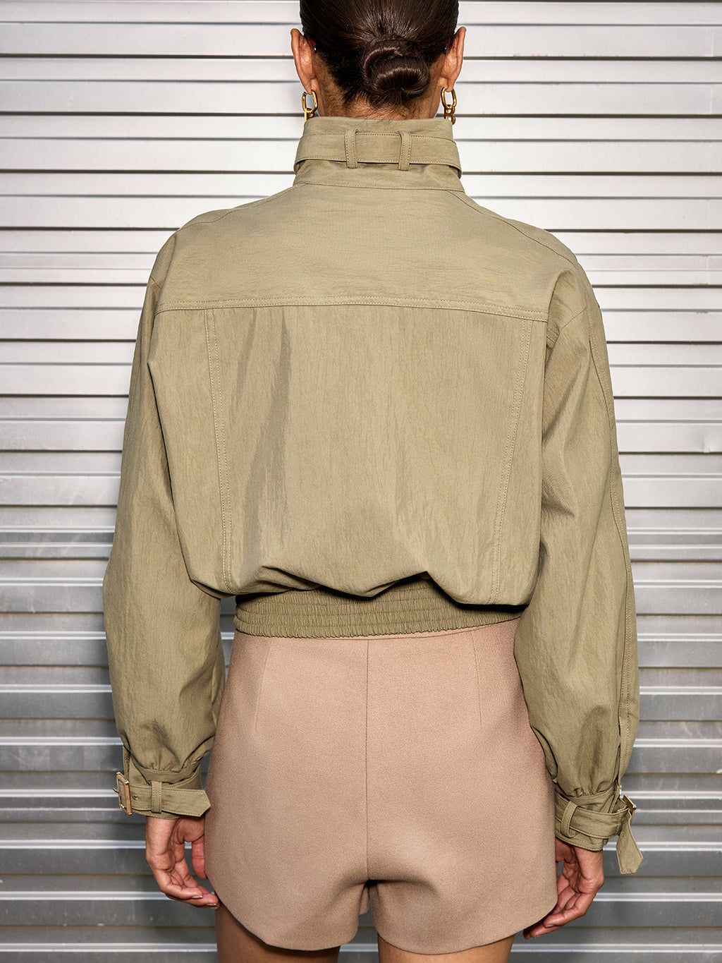 Belted Collar Cotton Blend Cropped Jacket