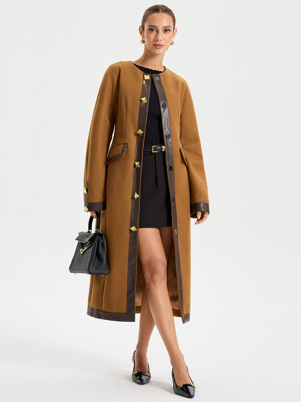 Faux Leather Trim Tweed Long Coat
