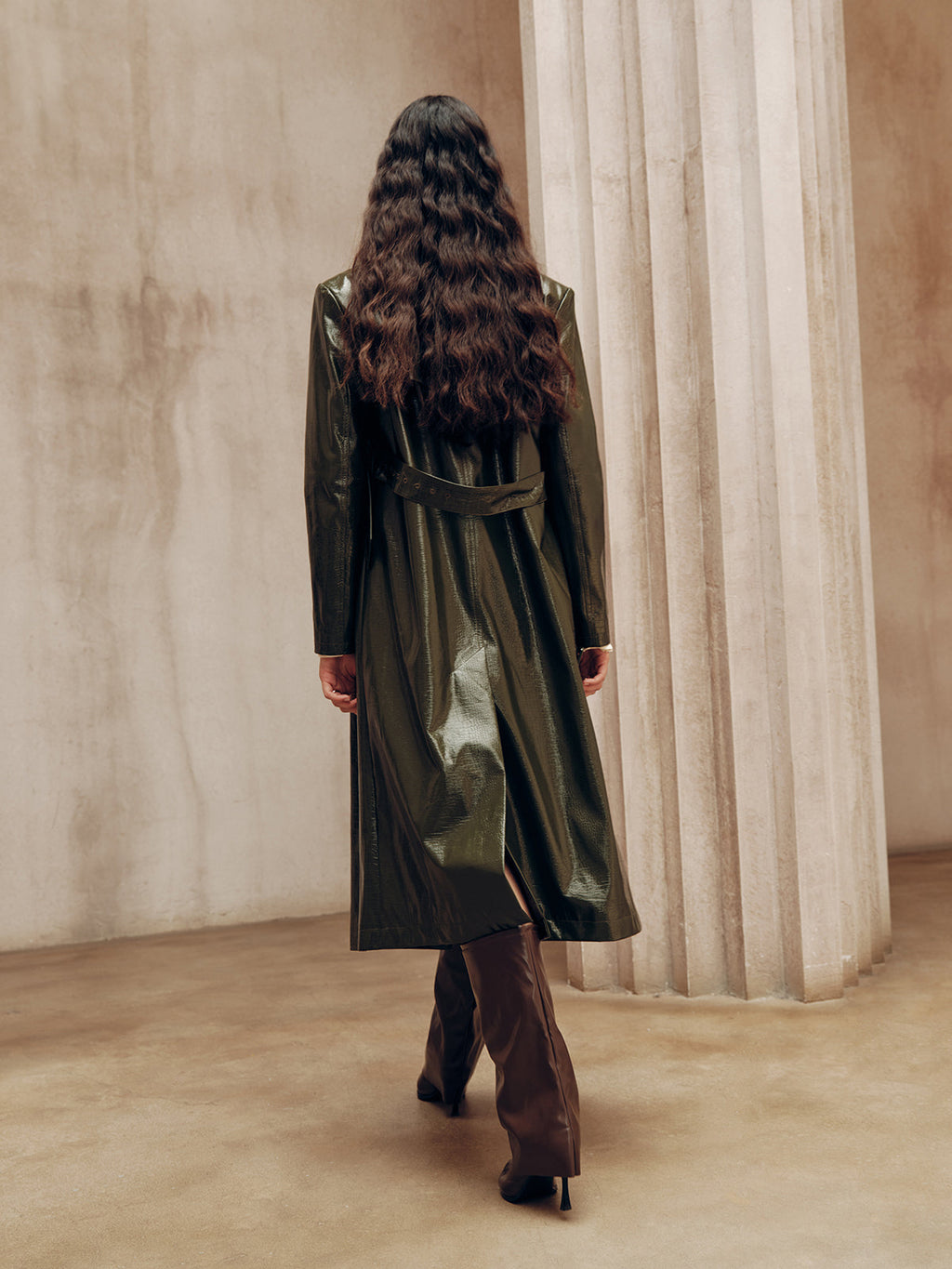 Gradient Double-Breasted Belted PU Leather Coat