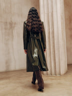 Gradient Double-Breasted Belted PU Leather Coat