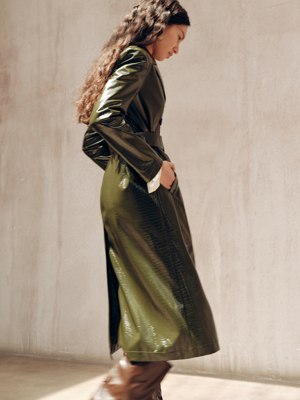 Gradient Double-Breasted Belted PU Leather Coat
