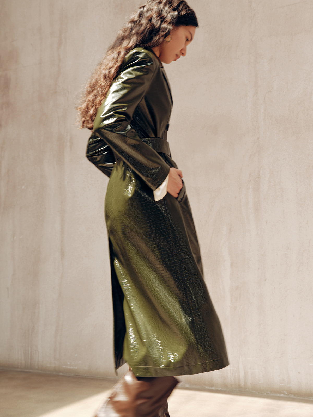 Gradient Double-Breasted Belted PU Leather Coat