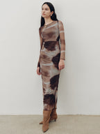 Tie-Dye Ruched Mesh Maxi Dress