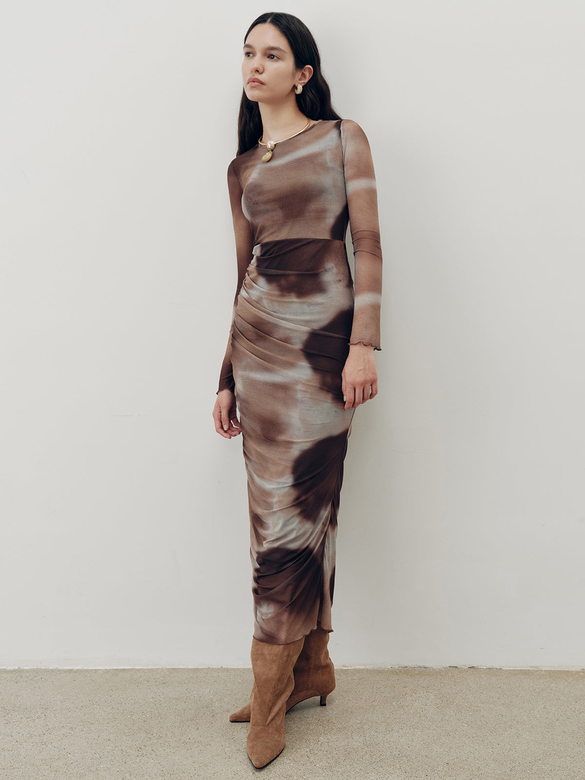 Tie-Dye Ruched Mesh Maxi Dress