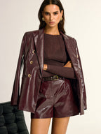 PU Leather Metal Button Lapel Pocket Blazer