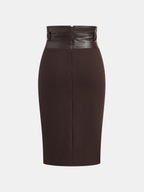 Faux Leather Panel Midi Skirt with Belt