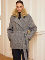 Belted Faux Fur Collar Tweed Coat
