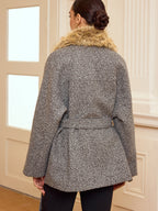 Belted Faux Fur Collar Tweed Coat