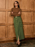 Metal Button Belted Slit Maxi Skirt