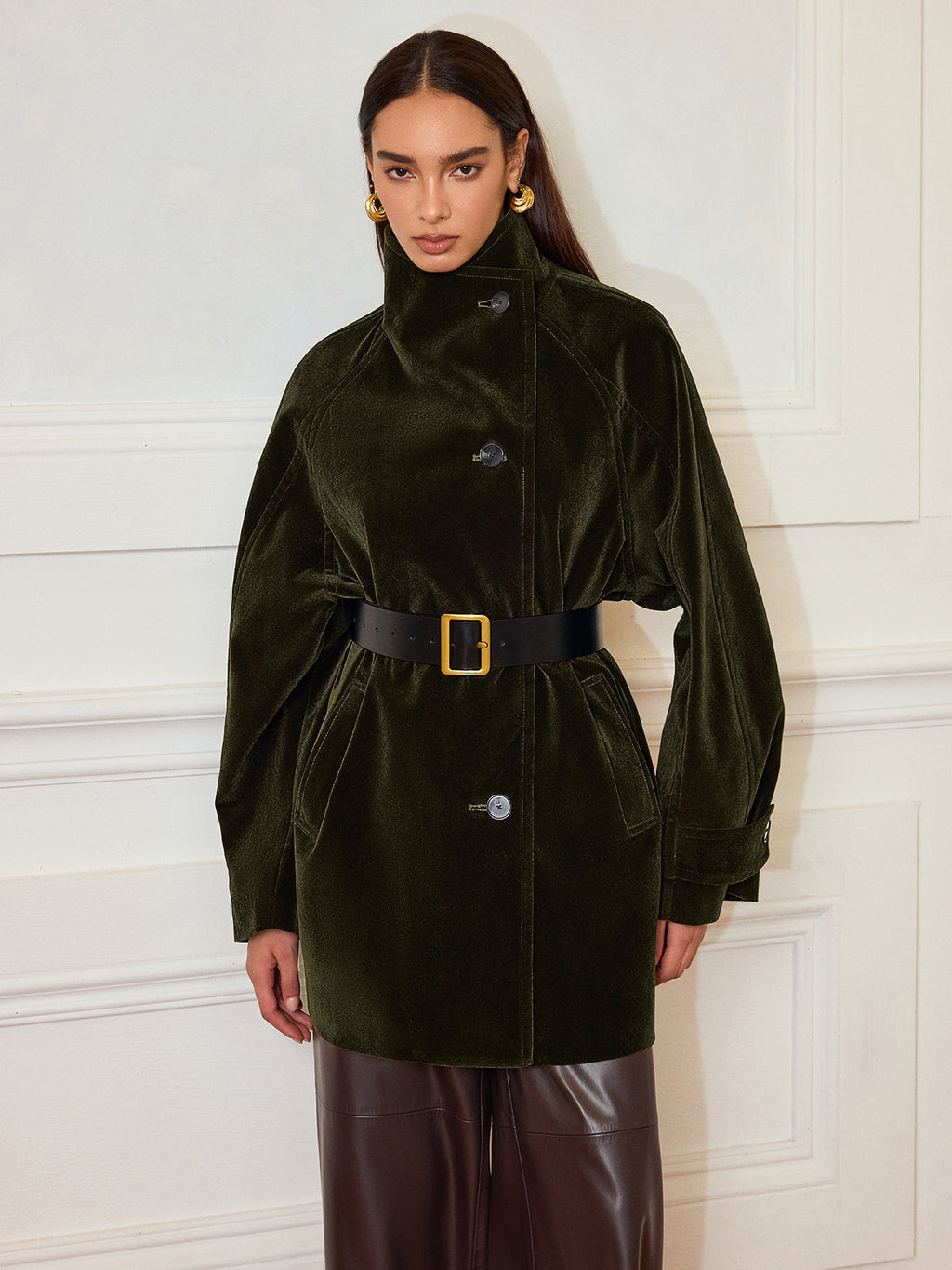 Pocketed Velvet Coat without Belt