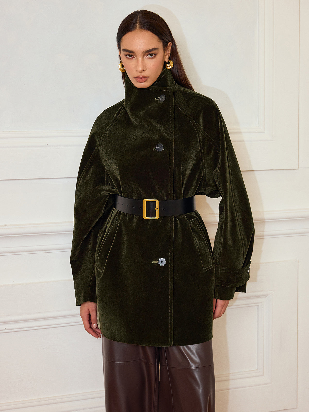 Pocketed Velvet Coat without Belt