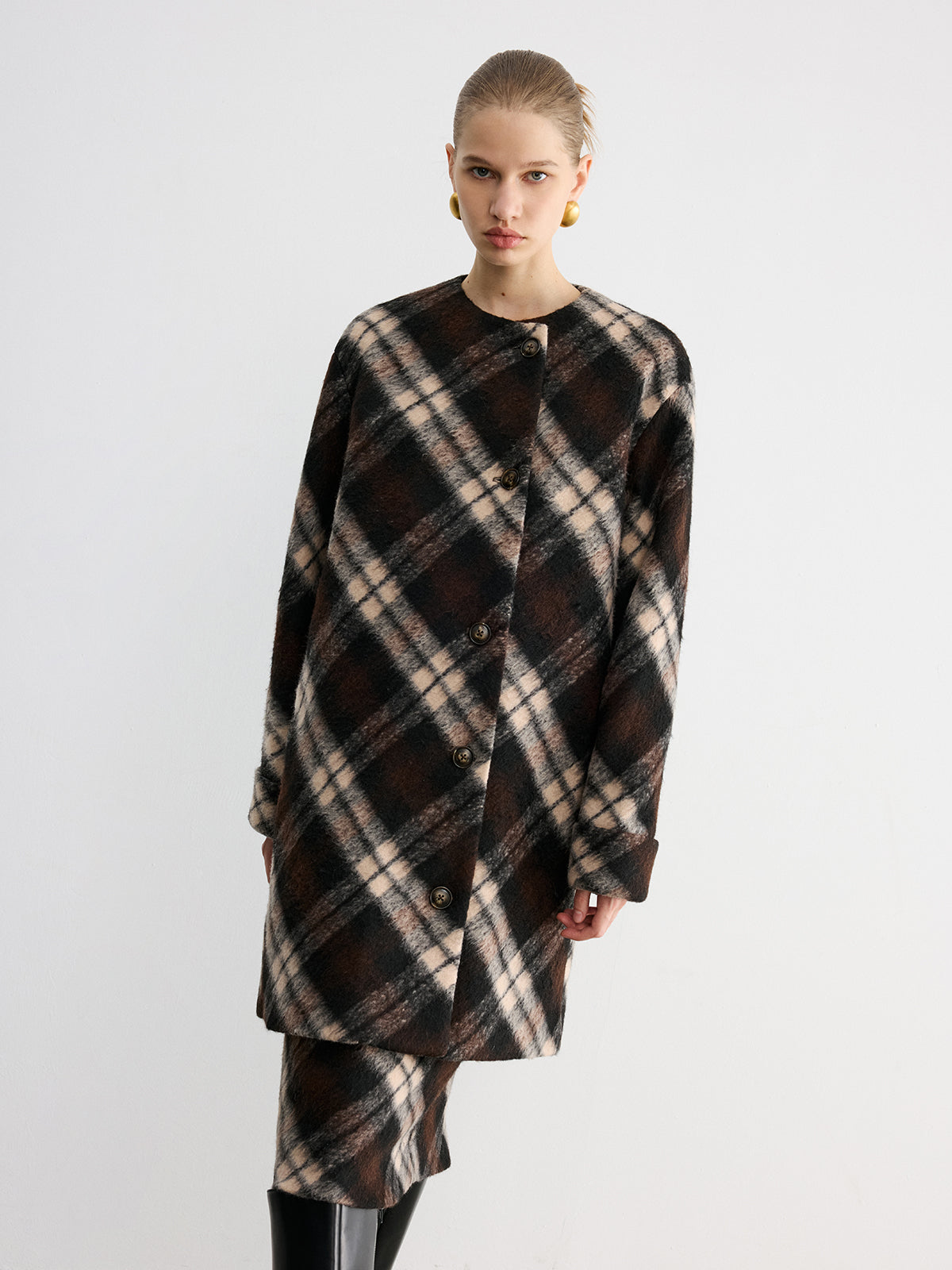 Plaid Wool-Blend Coat with Matching Scarf
