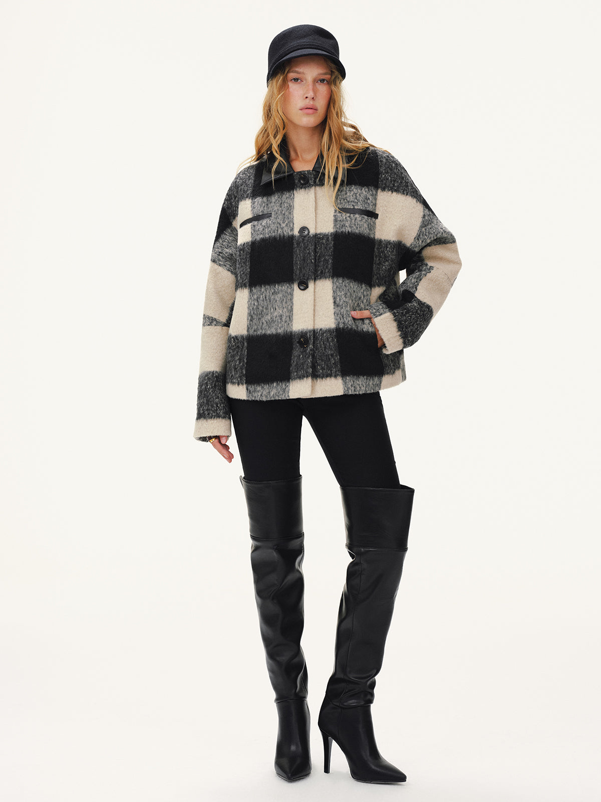 Faux Leather Collar Plaid Faux Cashmere Coat