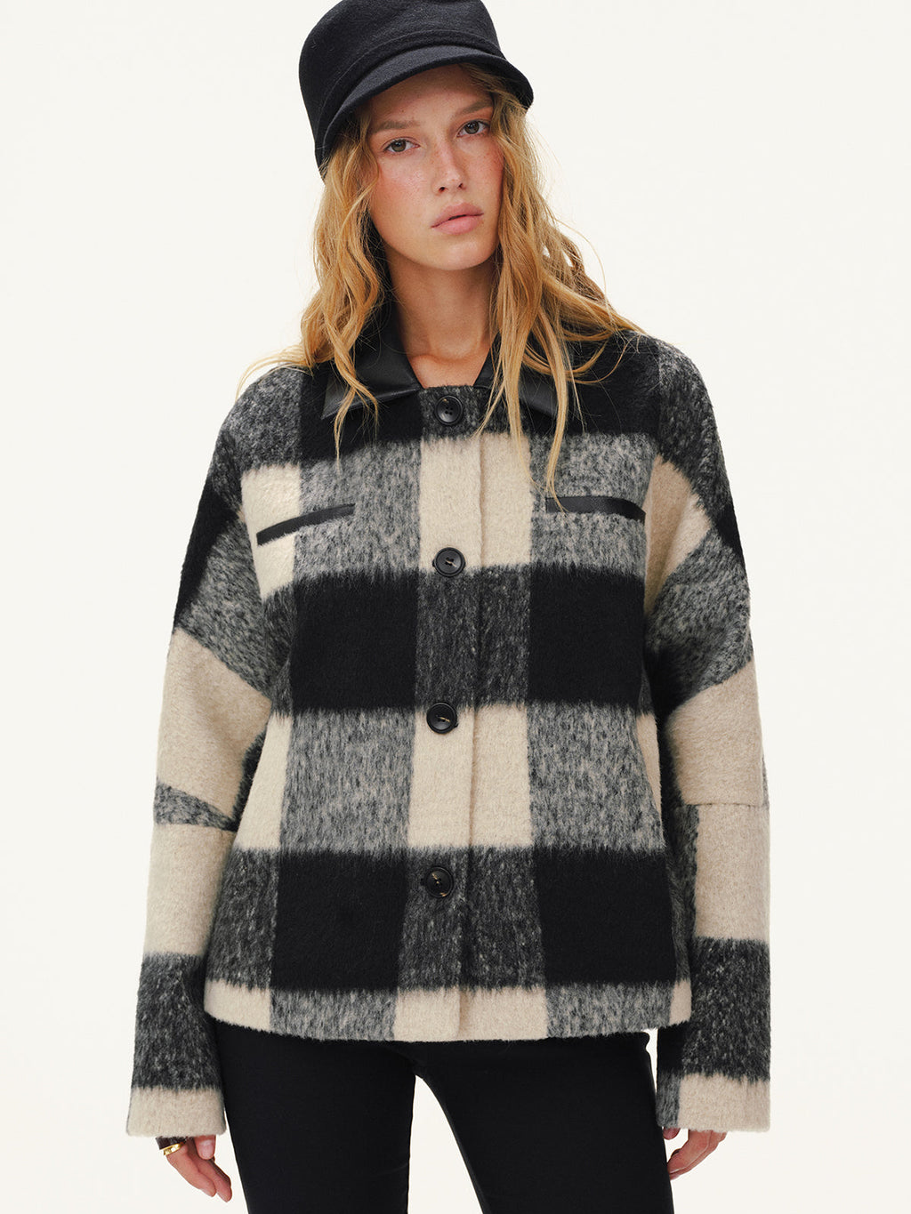 Faux Leather Collar Plaid Faux Cashmere Coat