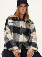 Faux Leather Collar Plaid Faux Cashmere Coat