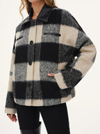 Faux Leather Collar Plaid Faux Cashmere Coat