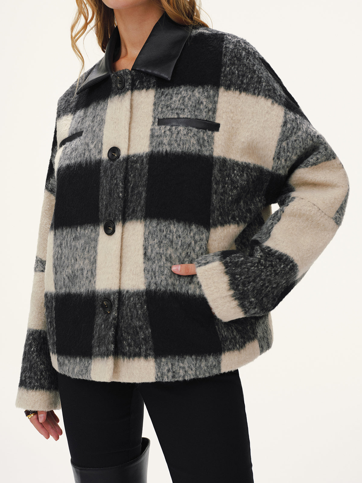 Faux Leather Collar Plaid Faux Cashmere Coat
