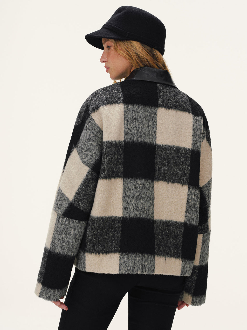 Faux Leather Collar Plaid Faux Cashmere Coat