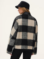Faux Leather Collar Plaid Faux Cashmere Coat