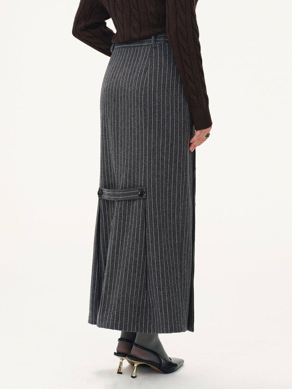 Asymmetric Button Striped Maxi Skirt