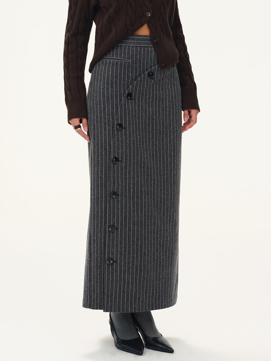 Asymmetric Button Striped Maxi Skirt