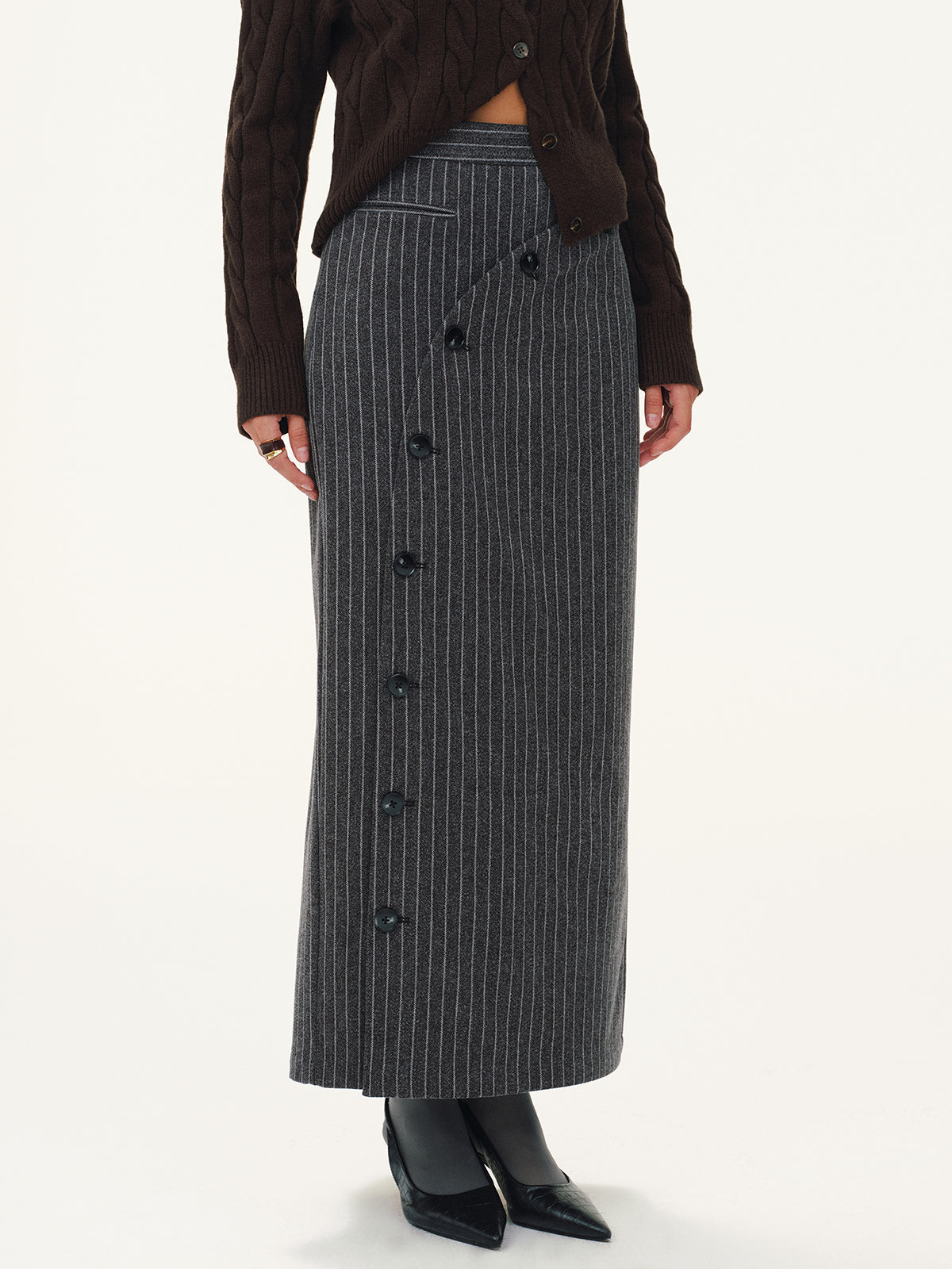Asymmetric Button Striped Maxi Skirt